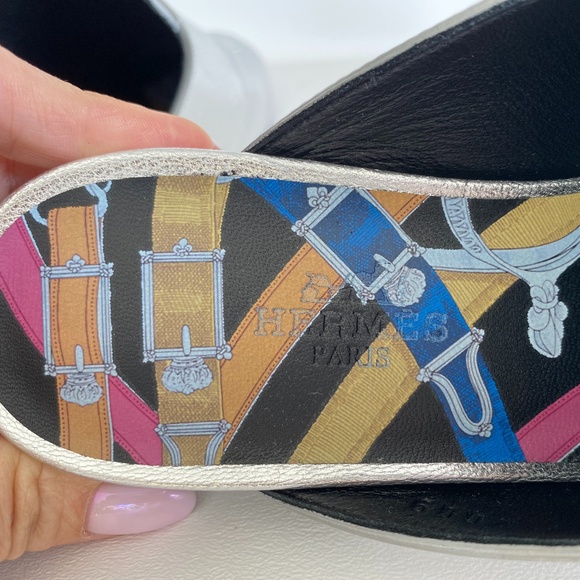 HERMES H CATENA SILVER LEATHER MULES FLIP FLOPS SHOES FLAT SLIDES 35 - Picture 8 of 15